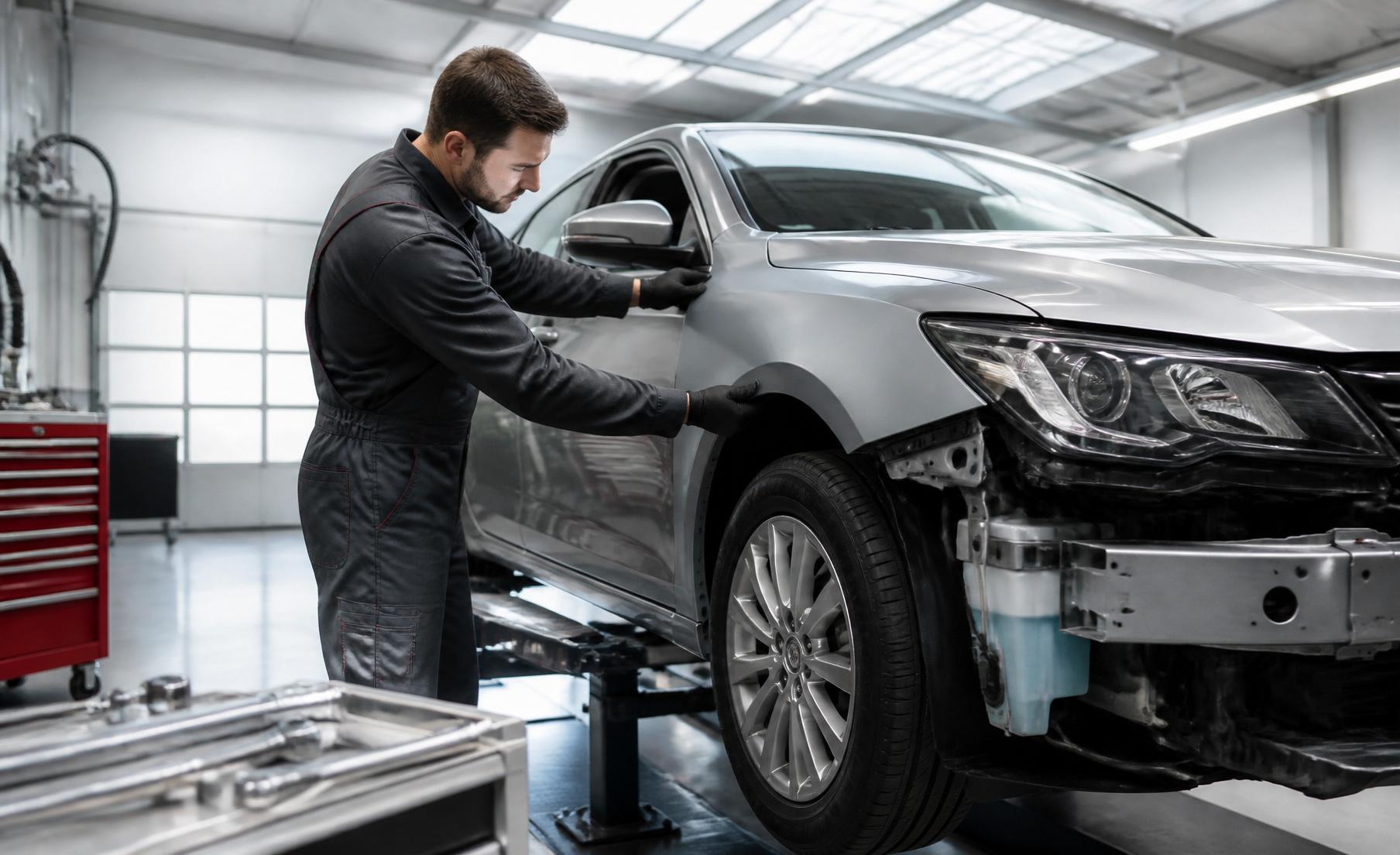 Collision repair shop interior with aftermarket body panels on racks
