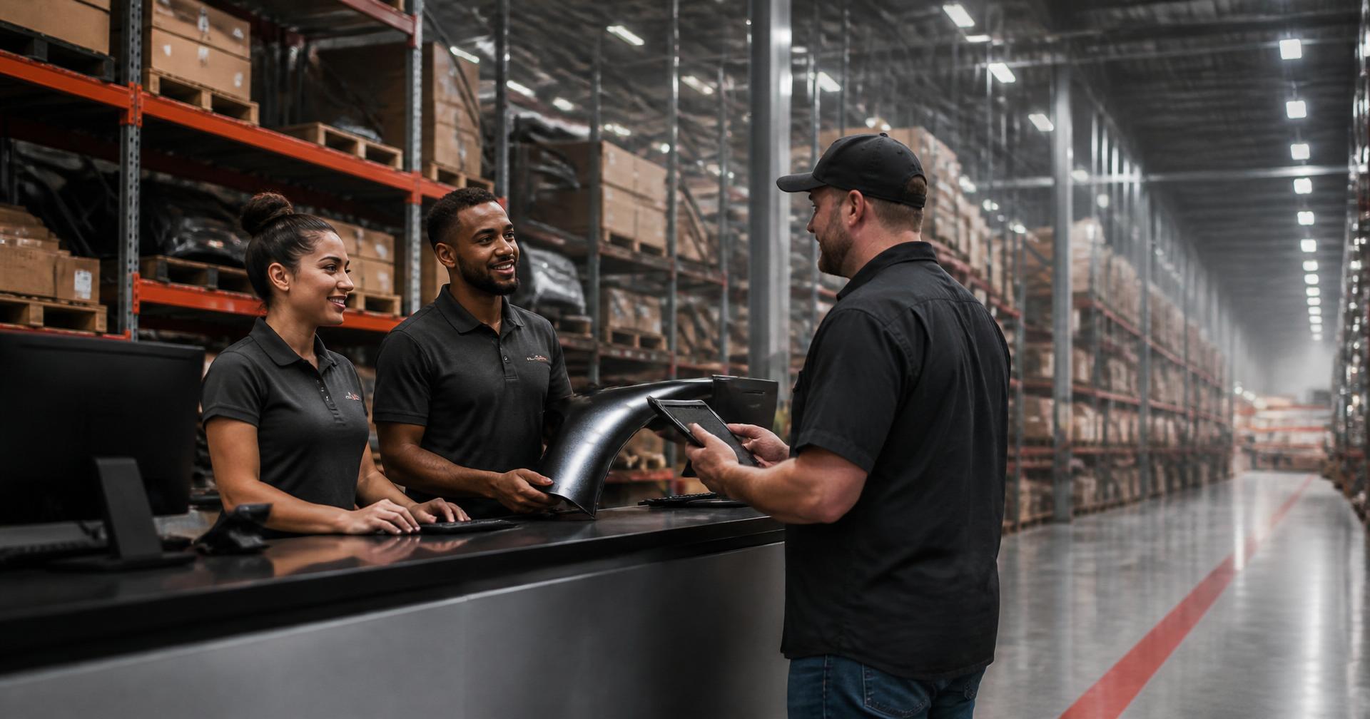 Power Auto Parts customer service representatives helping a customer at the Warren, Michigan warehouse counter