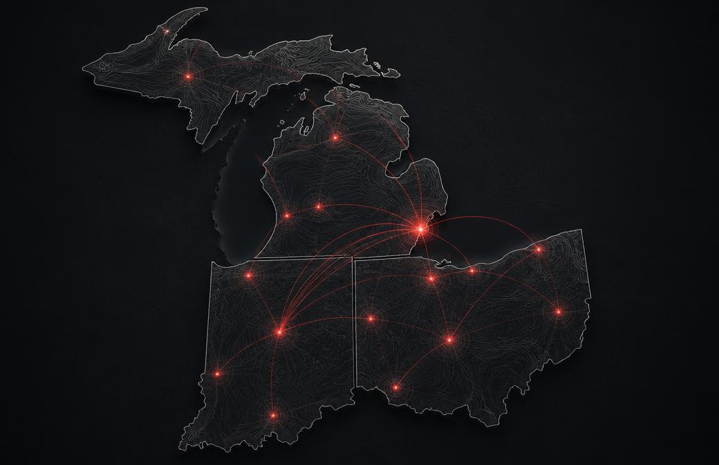 Coverage map highlighting Michigan, Ohio, and Indiana commercial delivery footprint