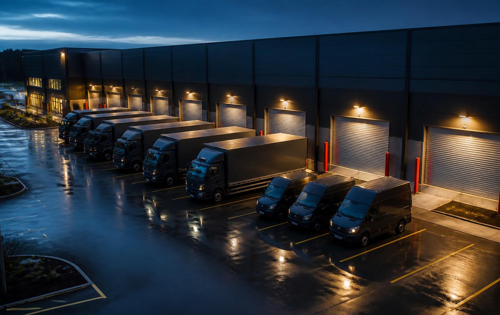Aerial view of the Power Auto Parts delivery fleet at the loading docks