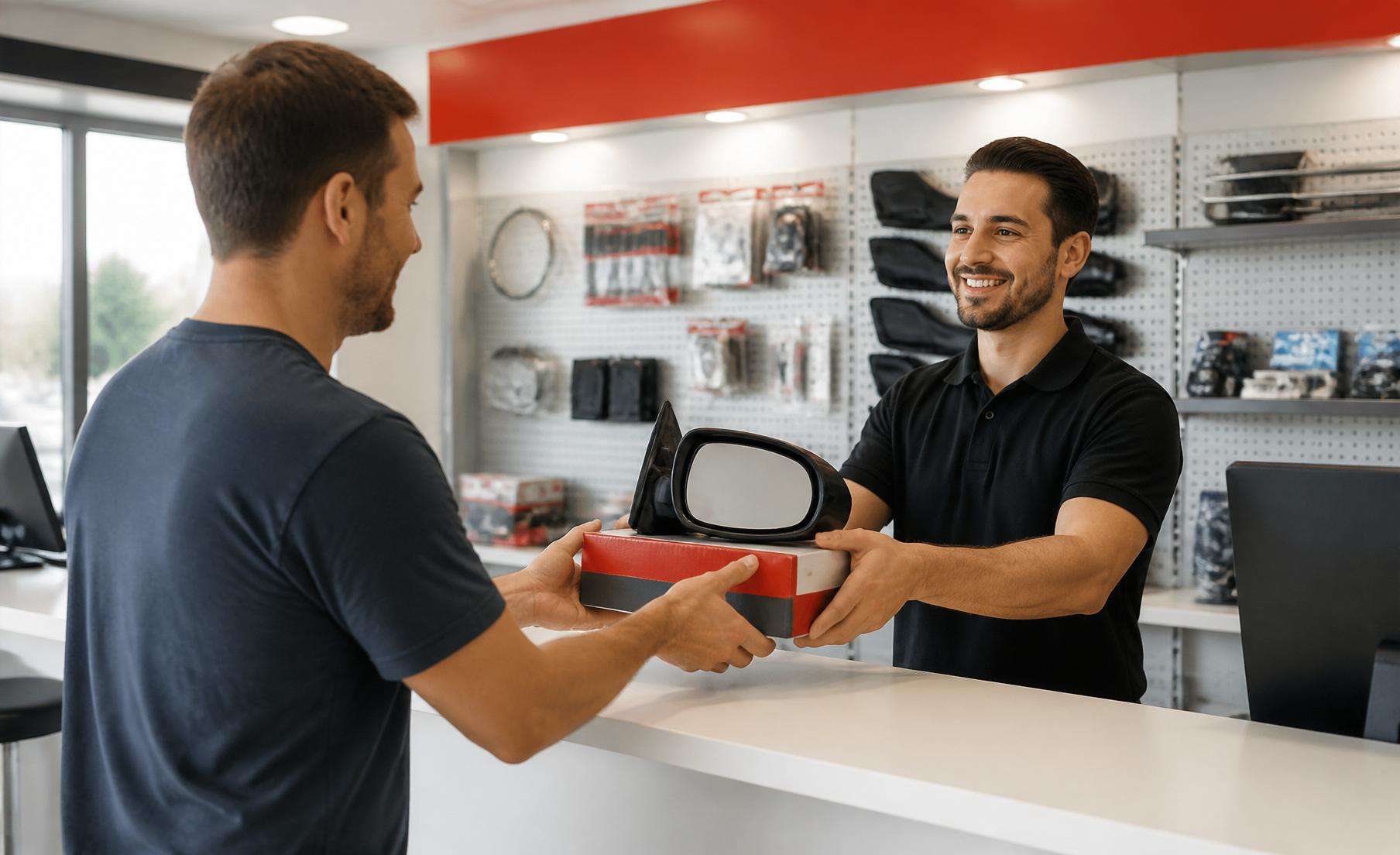 Parts specialist handing an aftermarket auto body part to a retail customer at the Warren, MI warehouse counter